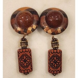 Vintage Clip On Earrings Brown Wood Inlay Cabochon Boho Beaded Dangle Drop